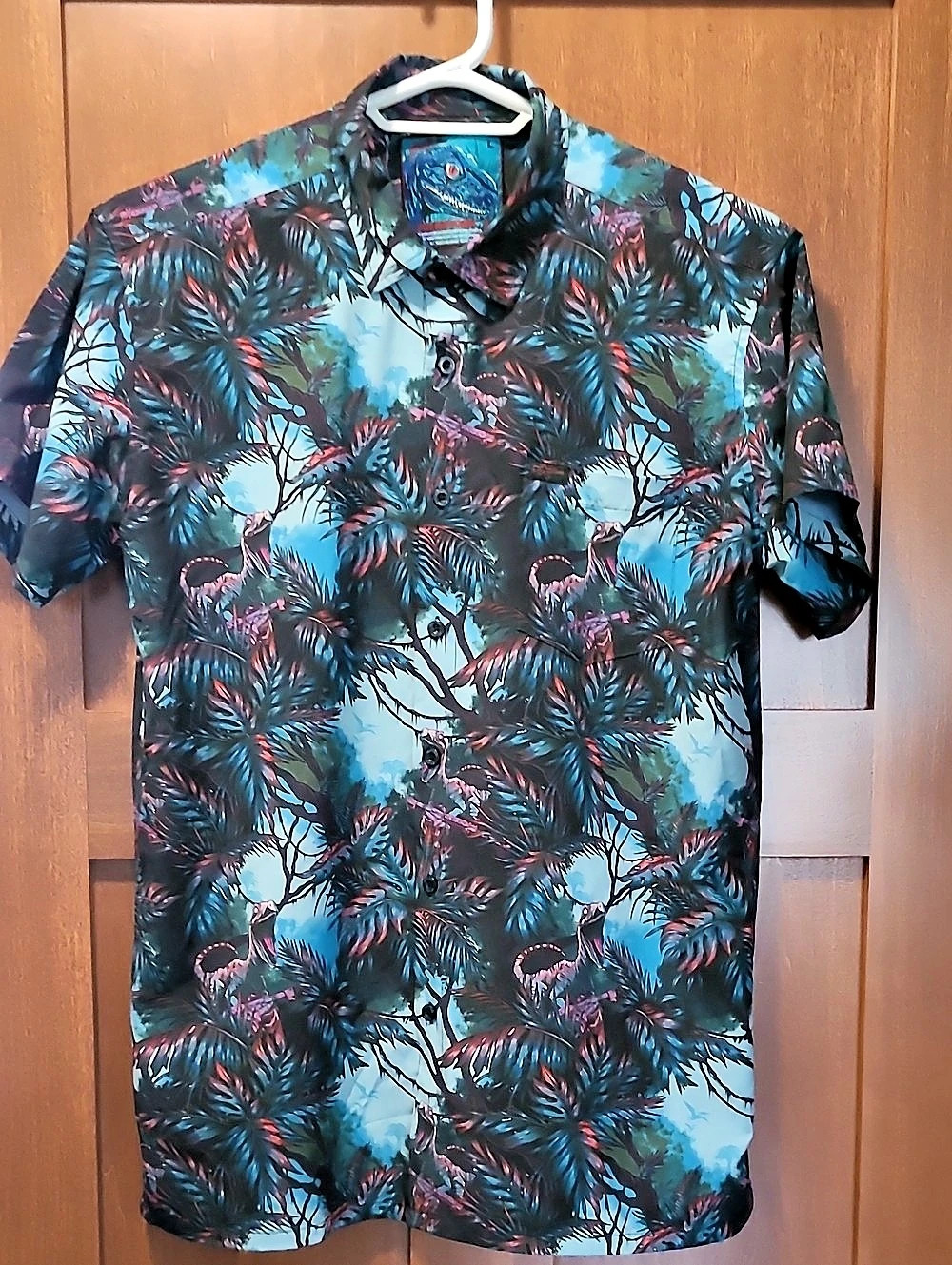 Retro Rifle Prehistoric 2 Dinosaur Print Button-Up Shirt Large